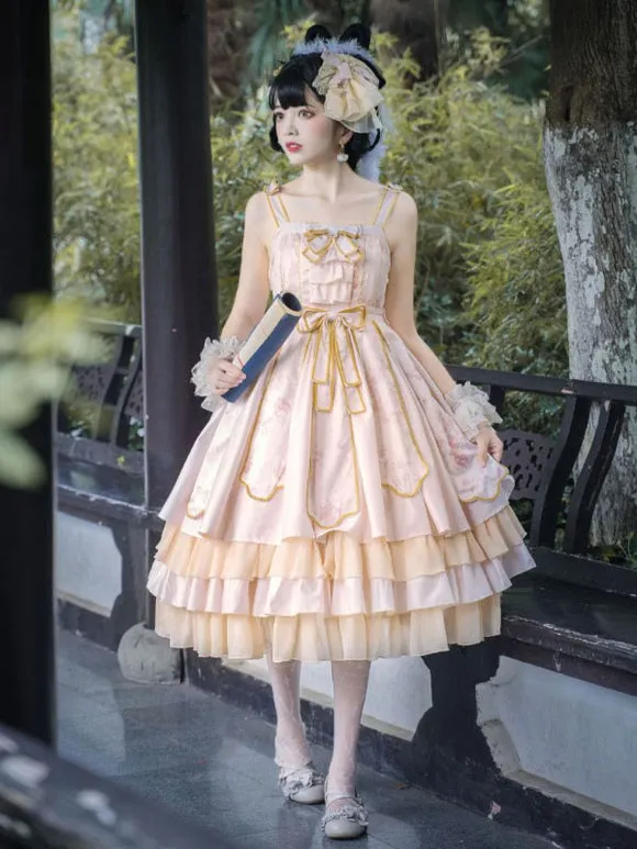 Chinese Style Lolita Dress Bows Sleeveless Polyester Chinese Style Floral Print Ecru White Chinese Style Lolita Adjustable Elastic