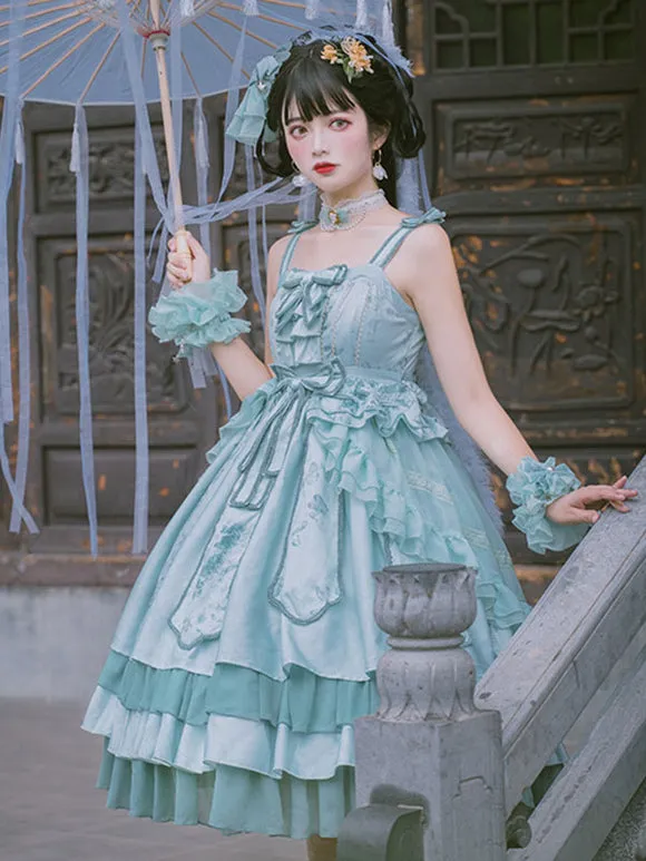 Chinese Style Lolita Dress Bows Sleeveless Polyester Chinese Style Floral Print Ecru White Chinese Style Lolita Adjustable Elastic
