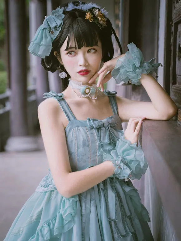 Chinese Style Lolita Dress Bows Sleeveless Polyester Chinese Style Floral Print Ecru White Chinese Style Lolita Adjustable Elastic
