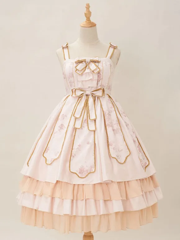 Chinese Style Lolita Dress Bows Sleeveless Polyester Chinese Style Floral Print Ecru White Chinese Style Lolita Adjustable Elastic