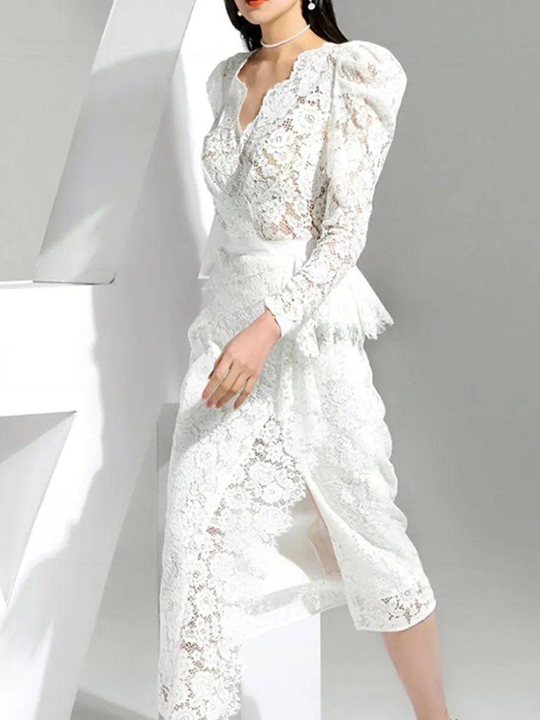 Christmas White V Neck Long Sleeve 1950S Lace Vintage Bodycon Dress