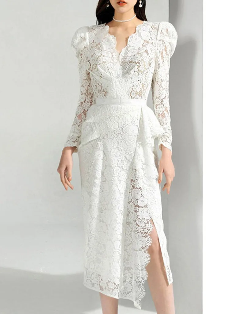 Christmas White V Neck Long Sleeve 1950S Lace Vintage Bodycon Dress