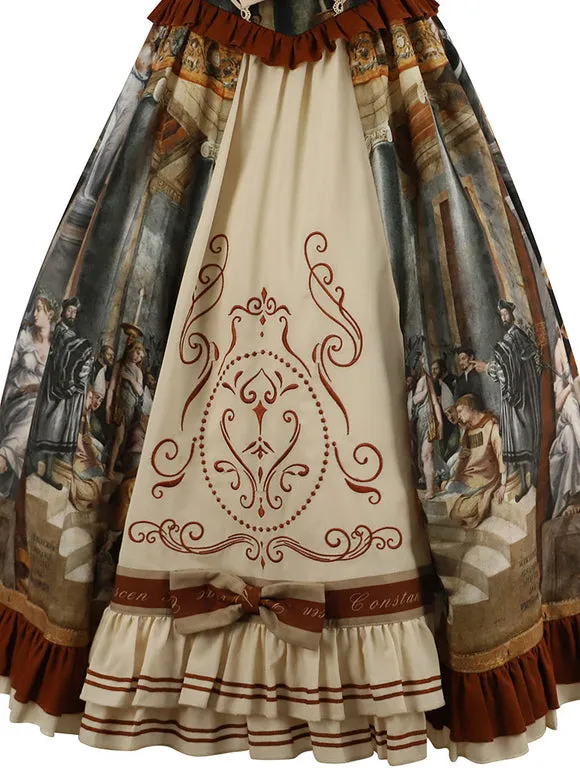 Classic Lolita Dress Bows Printing Short Sleeves Coffee Brown Lolita JSK Dress
