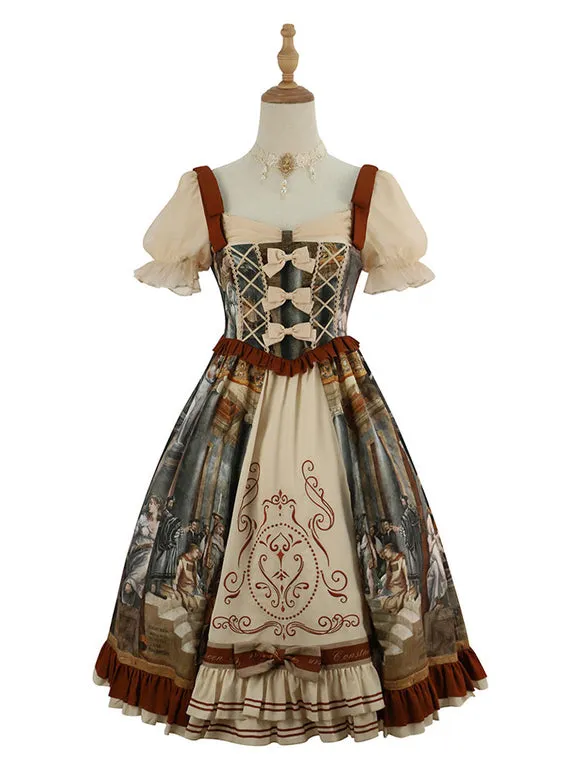 Classic Lolita Dress Bows Printing Short Sleeves Coffee Brown Lolita JSK Dress