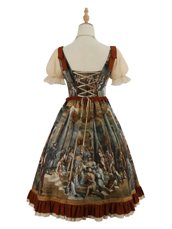 Classic Lolita Dress Bows Printing Short Sleeves Coffee Brown Lolita JSK Dress