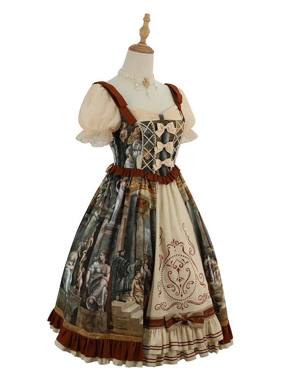 Classic Lolita Dress Bows Printing Short Sleeves Coffee Brown Lolita JSK Dress