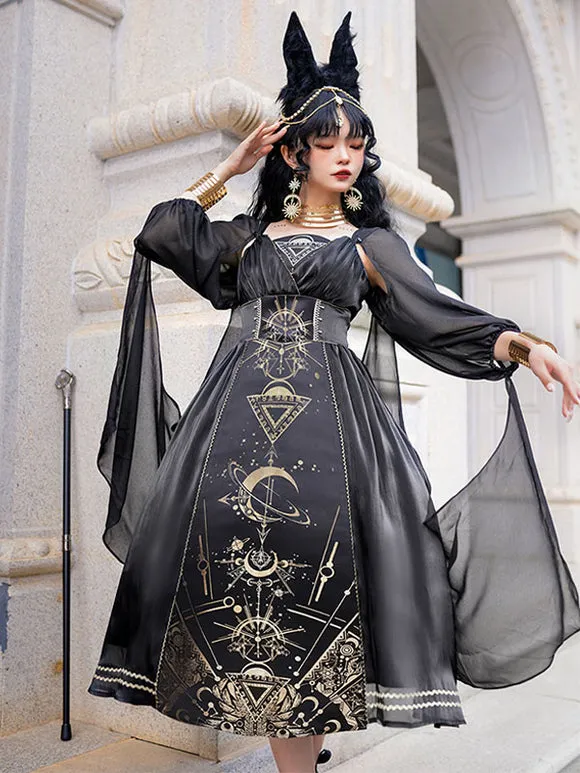 Classical Lolita Dress Polyester Long Sleeves Lolita Dresses Black Gold