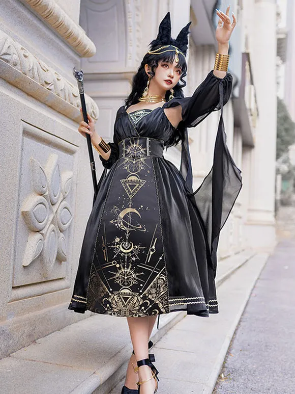 Classical Lolita Dress Polyester Long Sleeves Lolita Dresses Black Gold