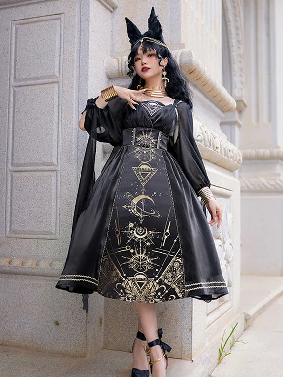 Classical Lolita Dress Polyester Long Sleeves Lolita Dresses Black Gold