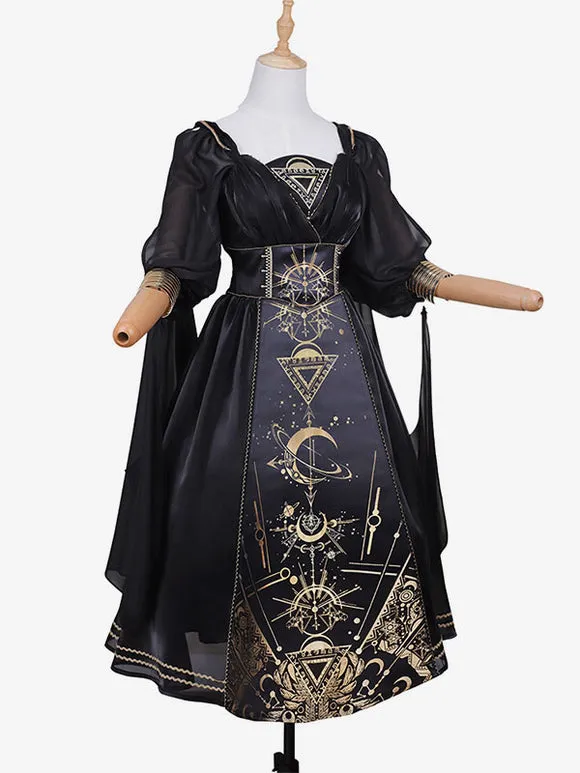 Classical Lolita Dress Polyester Long Sleeves Lolita Dresses Black Gold