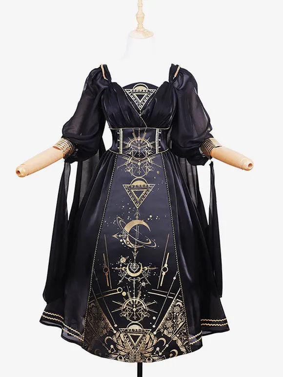 Classical Lolita Dress Polyester Long Sleeves Lolita Dresses Black Gold