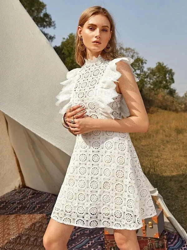 CM-DS126250 Women Bohemian Style Sleeveless Mock Neck Ruffle Detail Guipure Lace Dress - White