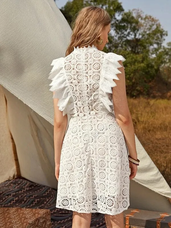 CM-DS126250 Women Bohemian Style Sleeveless Mock Neck Ruffle Detail Guipure Lace Dress - White