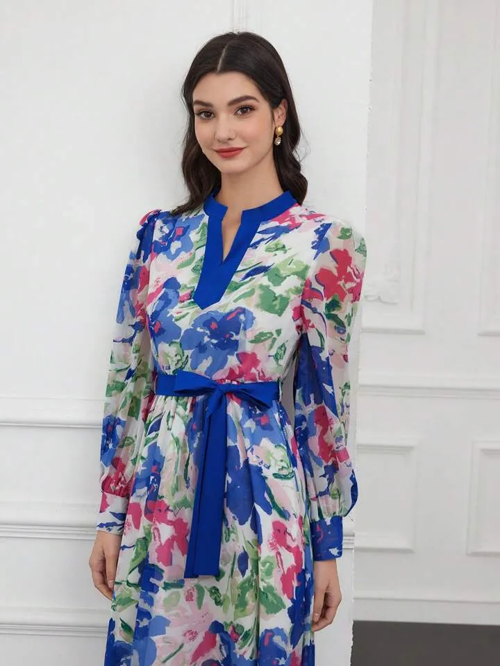 CM-DS149561 Women Trendy Bohemian Style Notched Collar Lantern Sleeve Dress