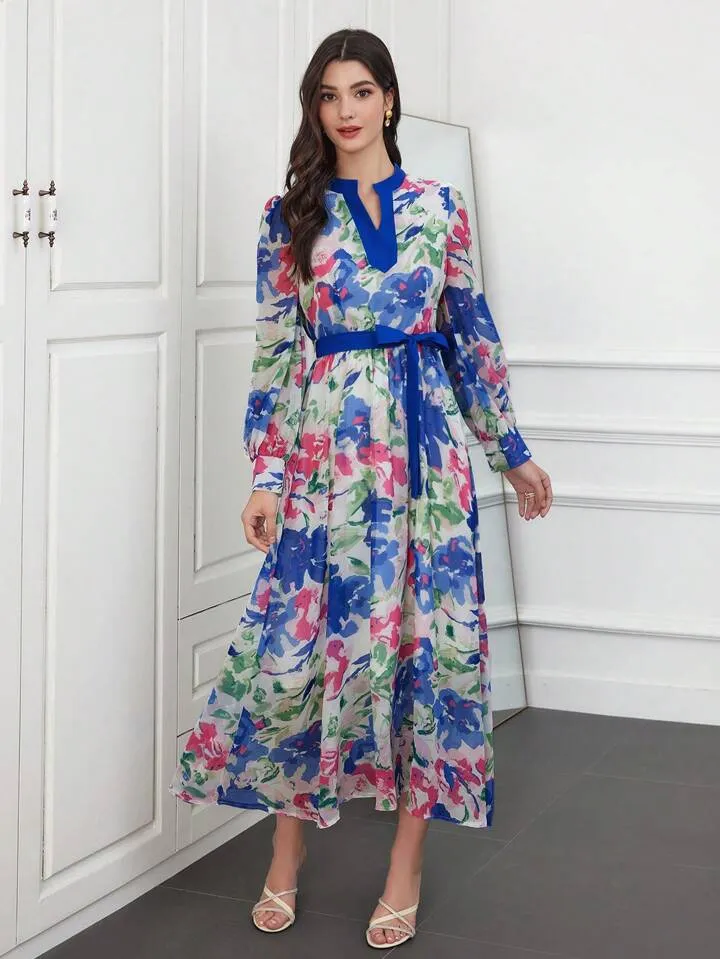 CM-DS149561 Women Trendy Bohemian Style Notched Collar Lantern Sleeve Dress