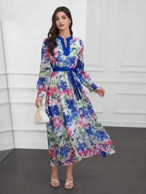 CM-DS149561 Women Trendy Bohemian Style Notched Collar Lantern Sleeve Dress