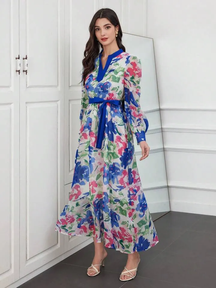 CM-DS149561 Women Trendy Bohemian Style Notched Collar Lantern Sleeve Dress