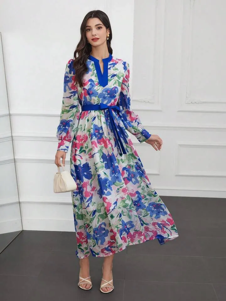 CM-DS149561 Women Trendy Bohemian Style Notched Collar Lantern Sleeve Dress