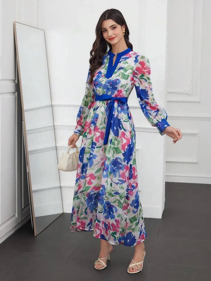 CM-DS149561 Women Trendy Bohemian Style Notched Collar Lantern Sleeve Dress