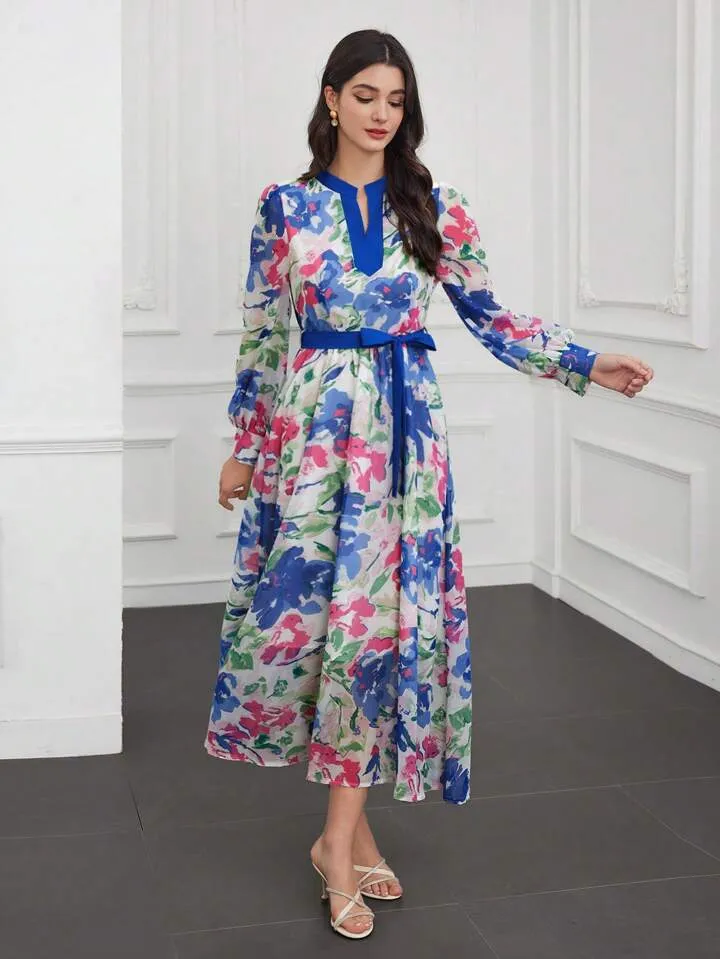 CM-DS149561 Women Trendy Bohemian Style Notched Collar Lantern Sleeve Dress
