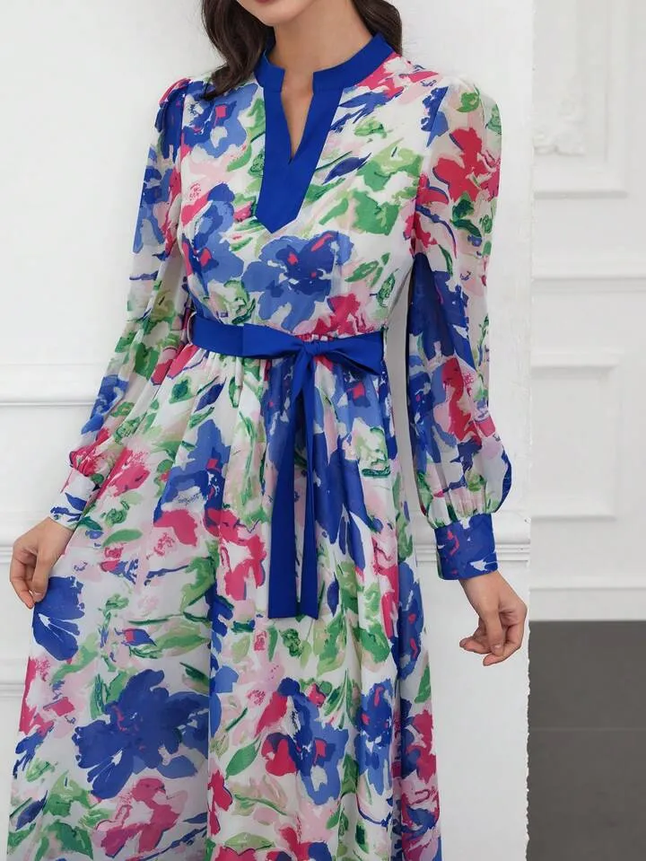 CM-DS149561 Women Trendy Bohemian Style Notched Collar Lantern Sleeve Dress