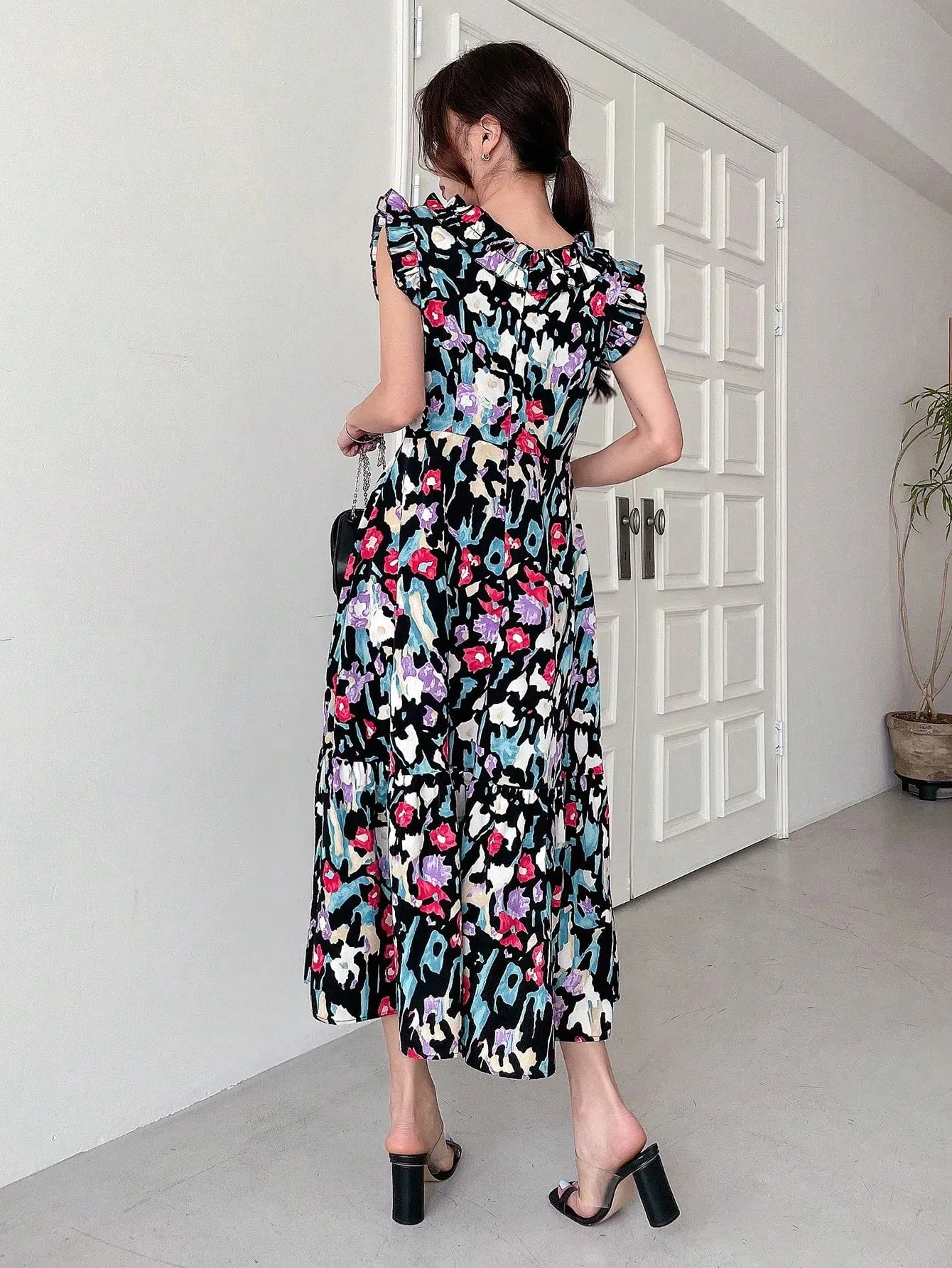CM-DS184494 Women Trendy Bohemian Style V-Neck Cap Sleeve Print Ruffle Hem Dress