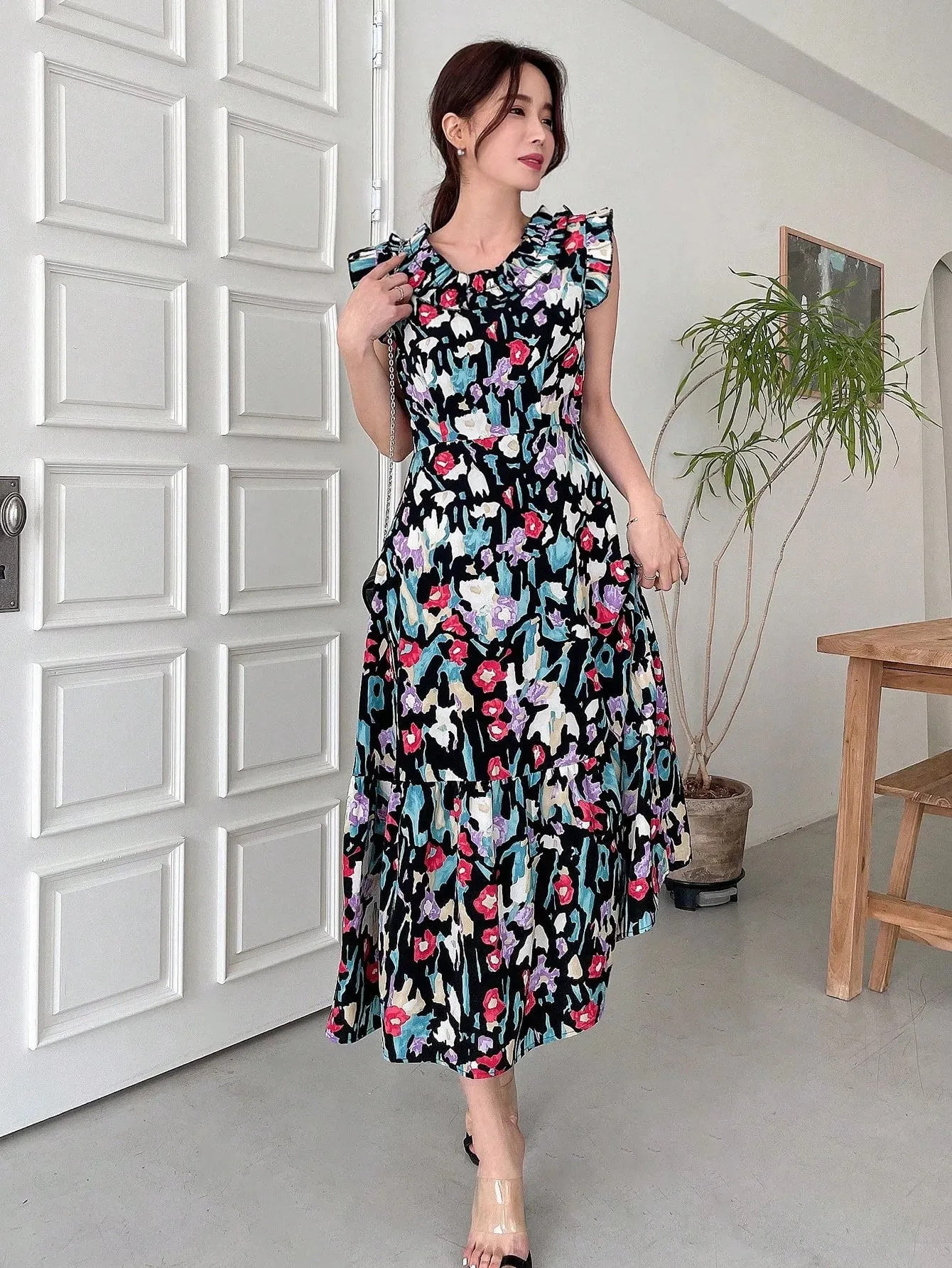 CM-DS184494 Women Trendy Bohemian Style V-Neck Cap Sleeve Print Ruffle Hem Dress