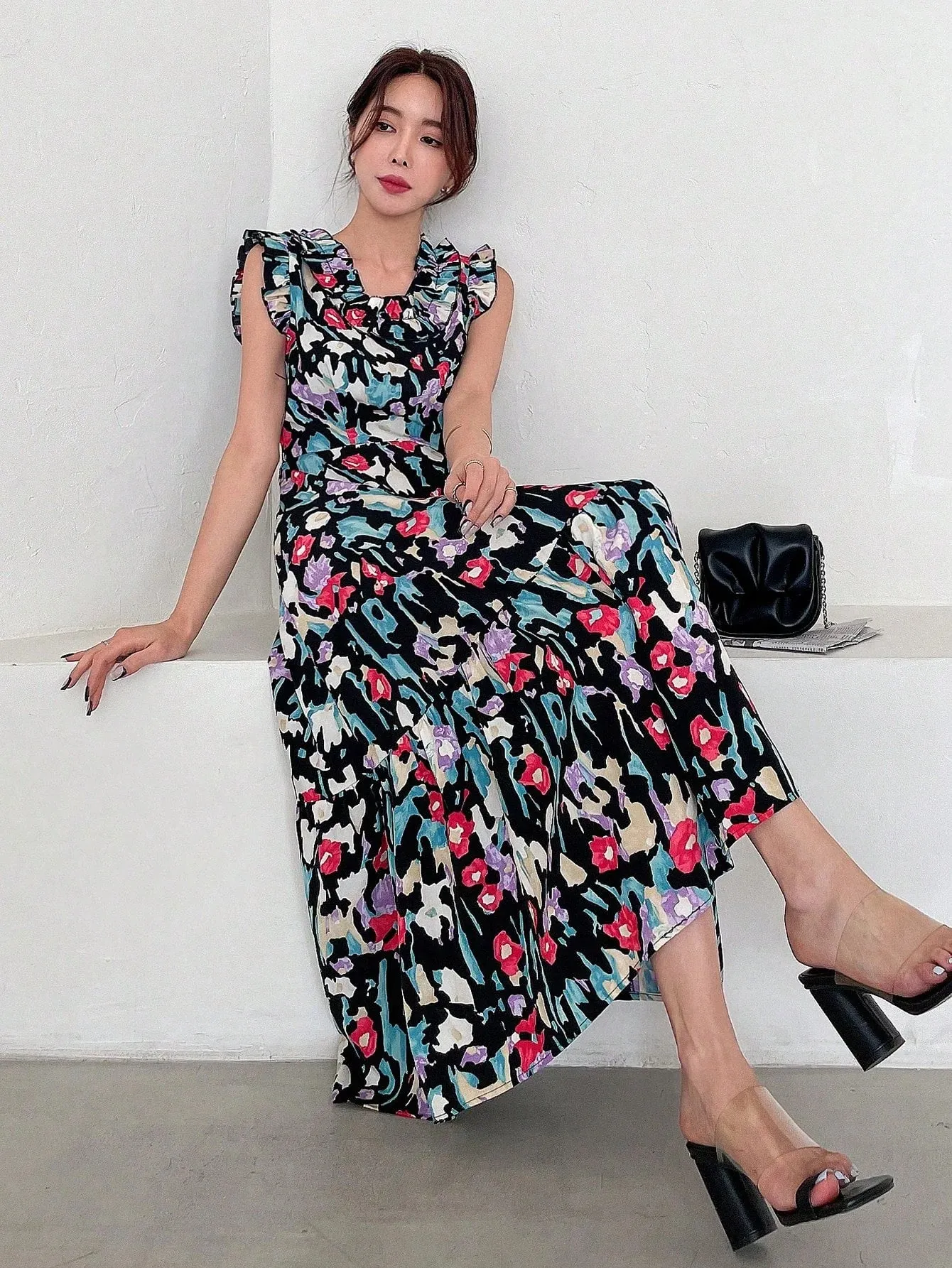 CM-DS184494 Women Trendy Bohemian Style V-Neck Cap Sleeve Print Ruffle Hem Dress