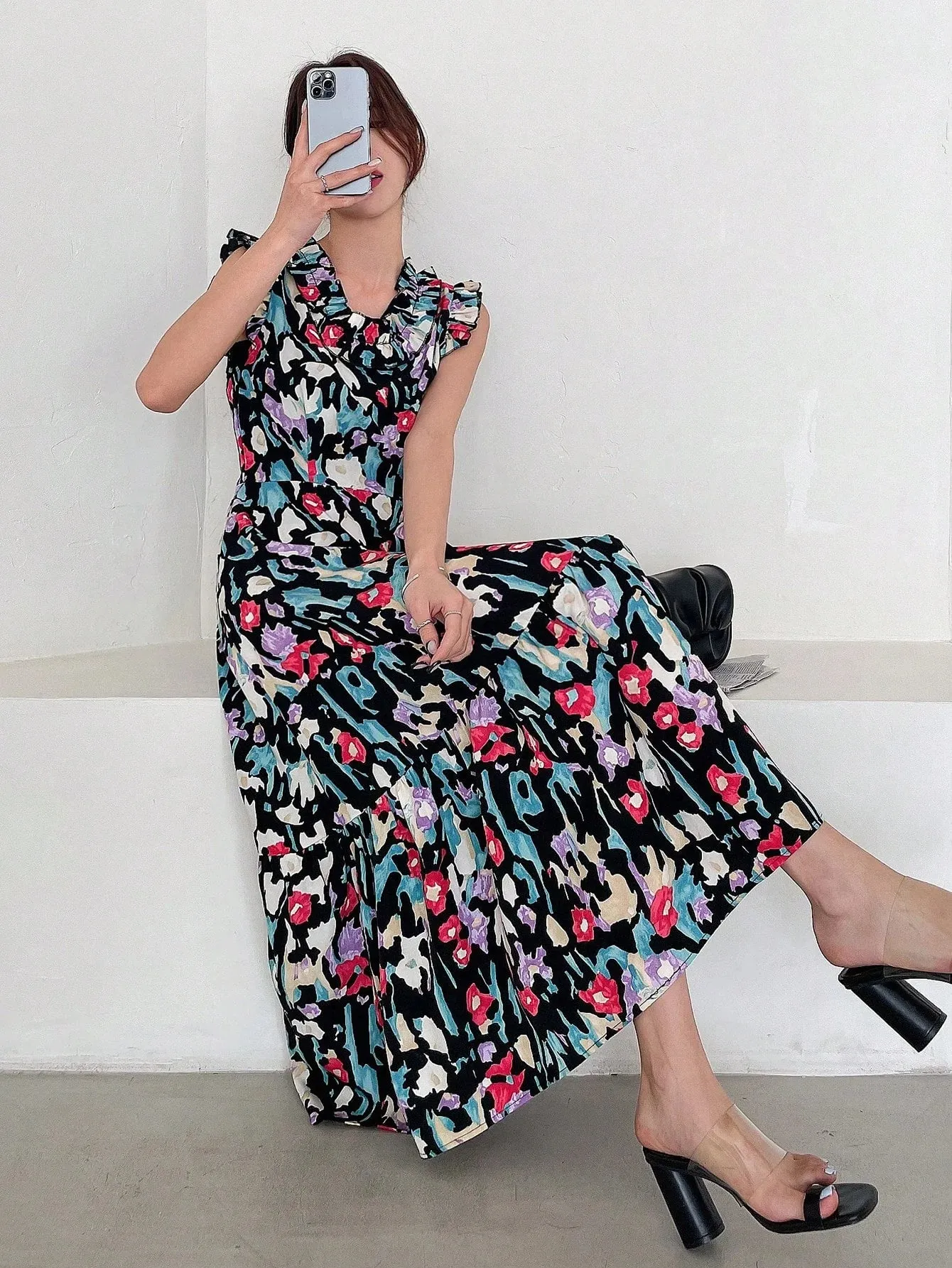 CM-DS184494 Women Trendy Bohemian Style V-Neck Cap Sleeve Print Ruffle Hem Dress