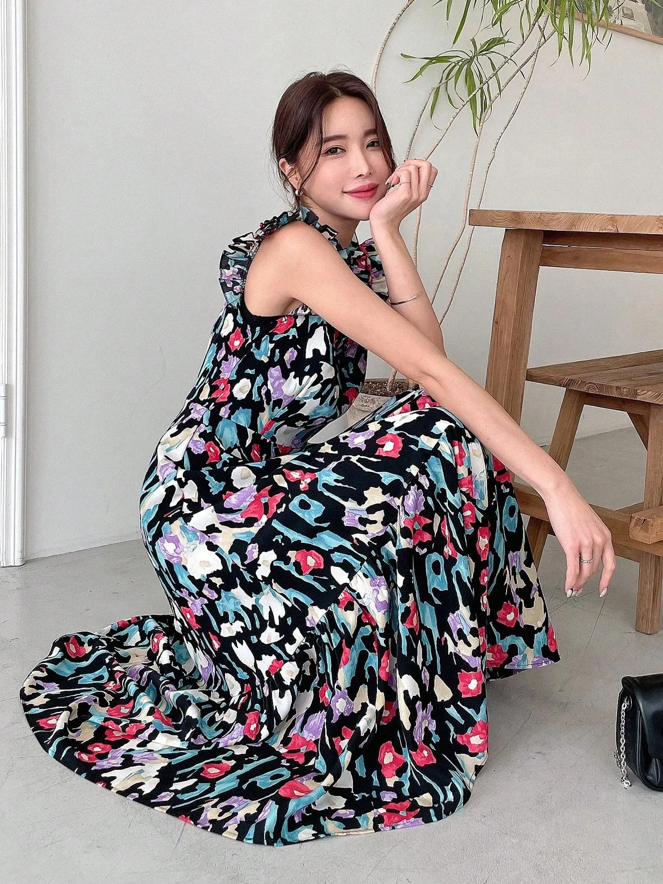 CM-DS184494 Women Trendy Bohemian Style V-Neck Cap Sleeve Print Ruffle Hem Dress