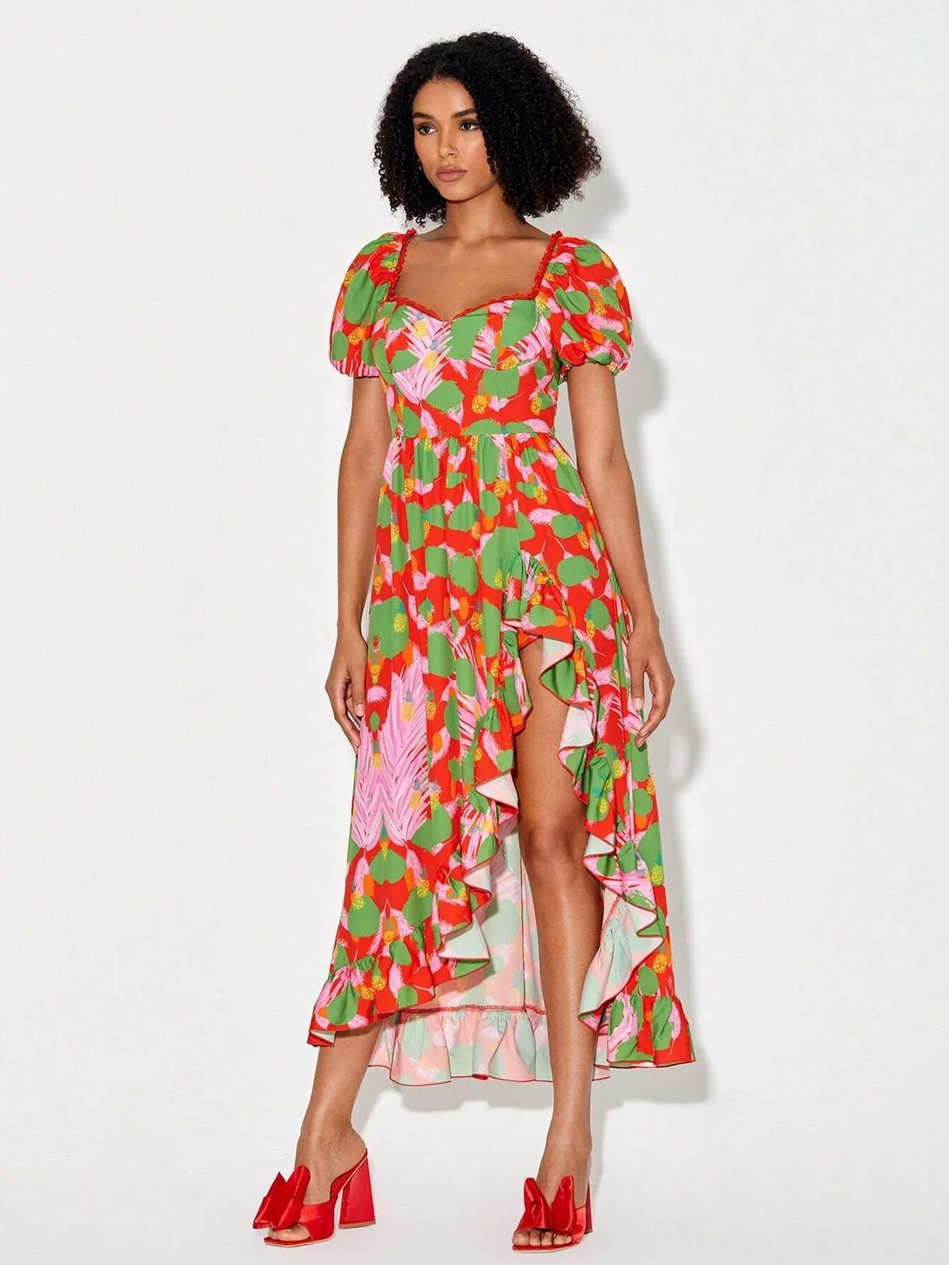CM-DS186692 Women Trendy Bohemian Style Print Puff Sleeve Asymmetrical Ruffle Hem Dress