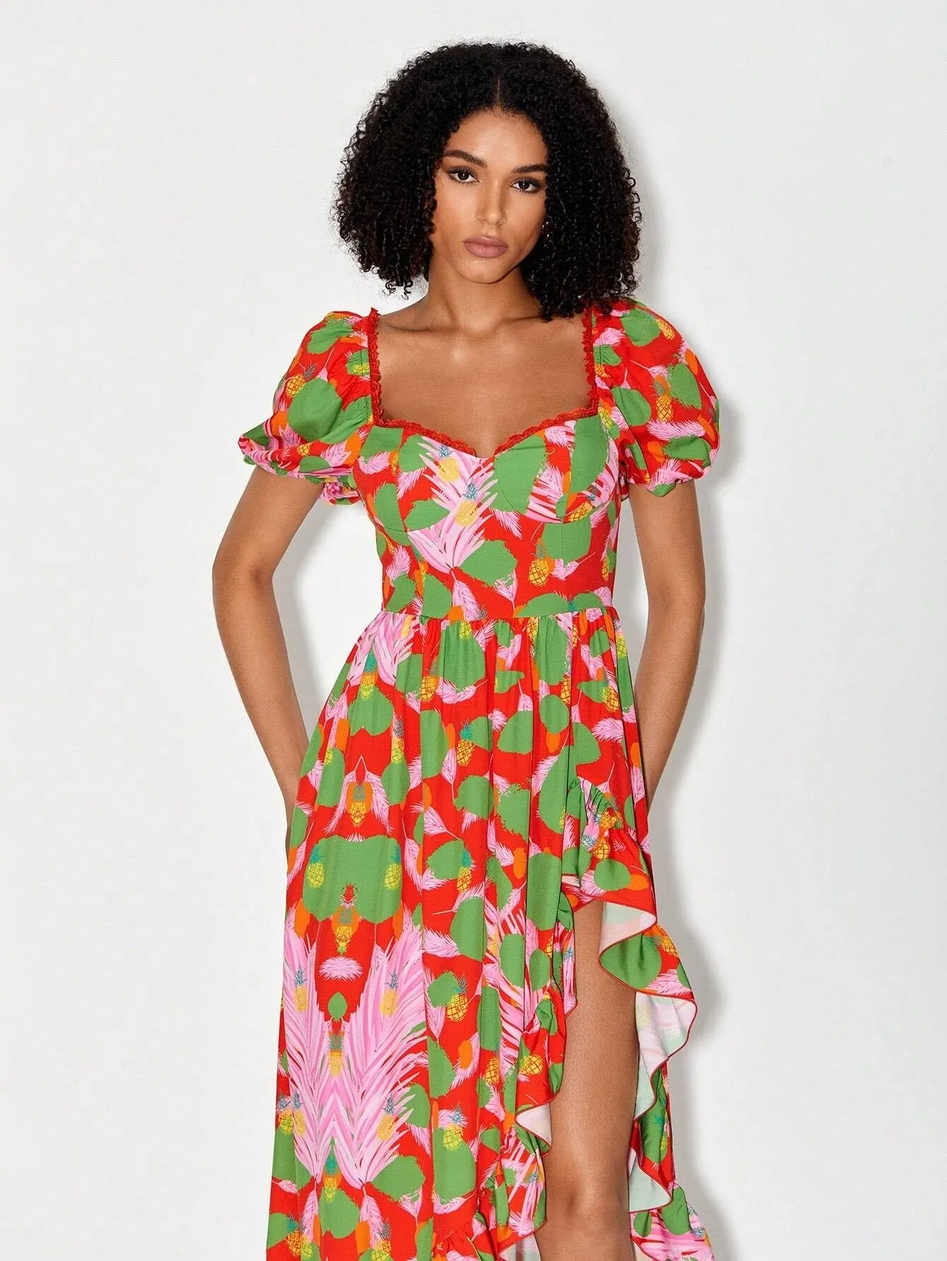 CM-DS186692 Women Trendy Bohemian Style Print Puff Sleeve Asymmetrical Ruffle Hem Dress