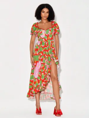 CM-DS186692 Women Trendy Bohemian Style Print Puff Sleeve Asymmetrical Ruffle Hem Dress