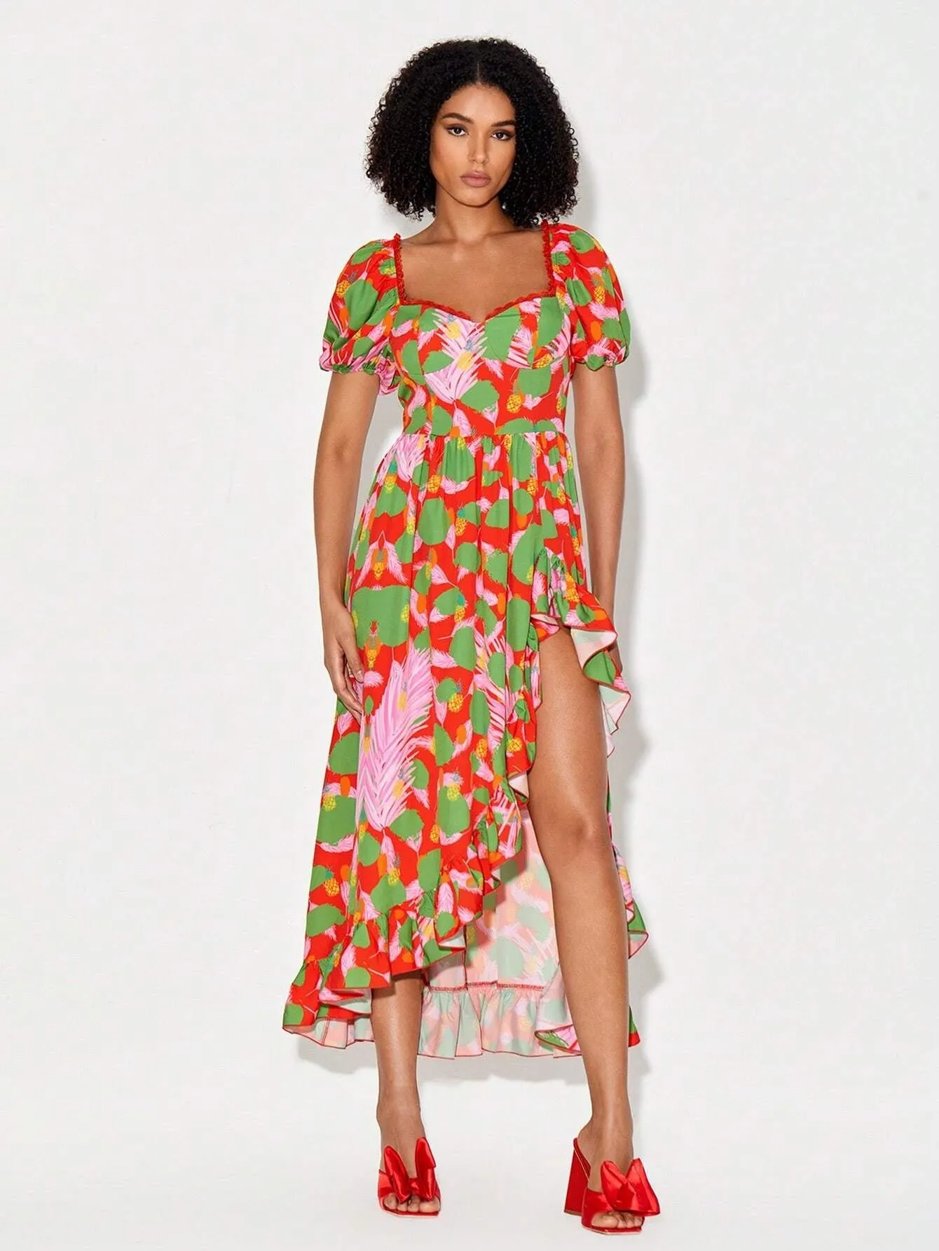 CM-DS186692 Women Trendy Bohemian Style Print Puff Sleeve Asymmetrical Ruffle Hem Dress