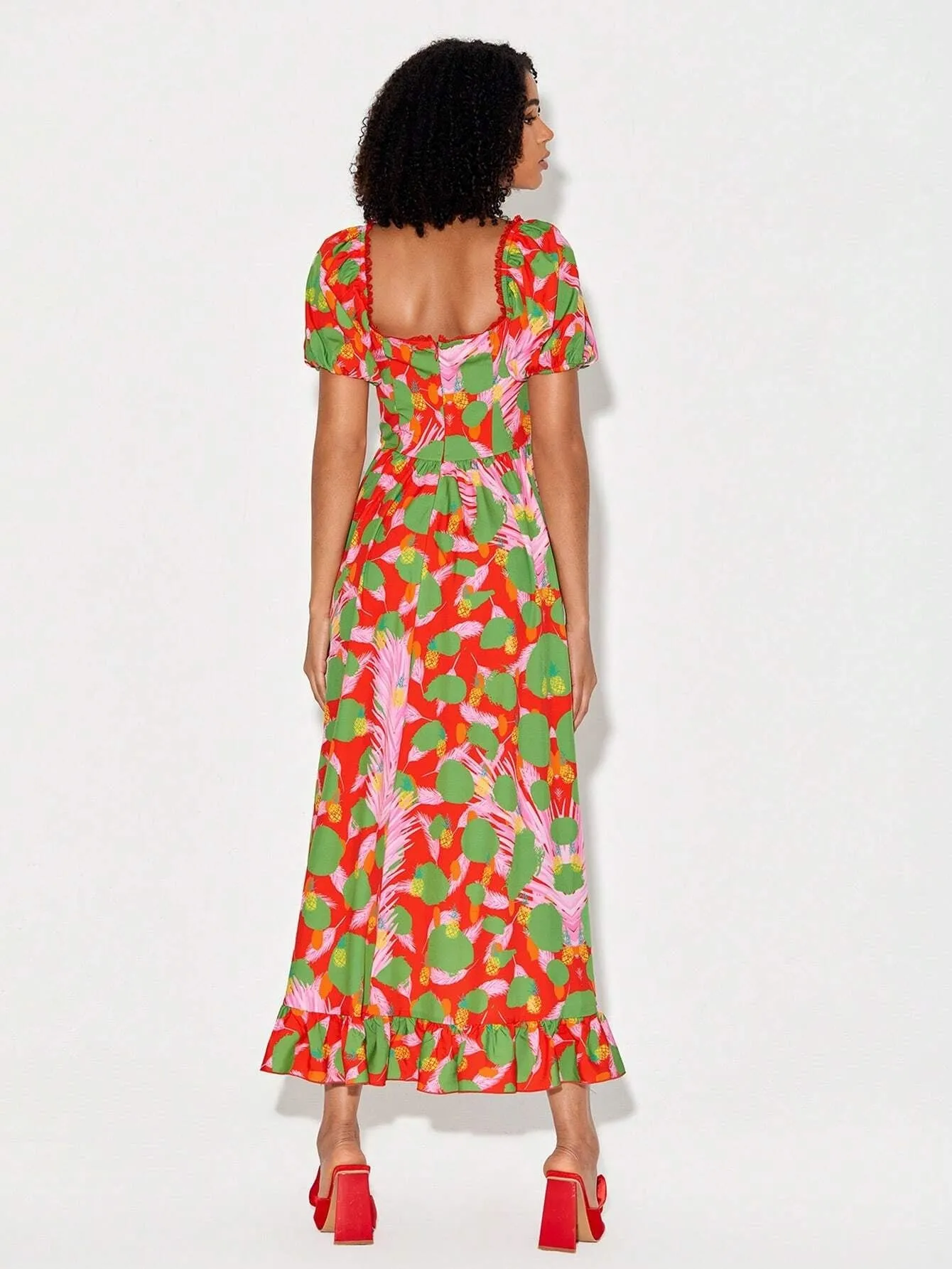 CM-DS186692 Women Trendy Bohemian Style Print Puff Sleeve Asymmetrical Ruffle Hem Dress