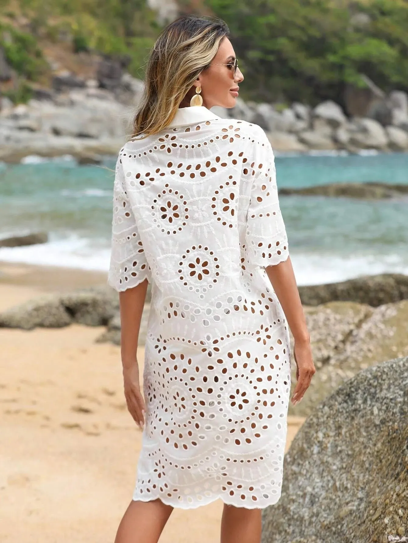 CM-DS195559 Women Trendy Bohemian Style Eyelet Embroidery Button Front Drop Shoulder Shirt Dress