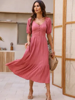 CM-DS230631 Women Casual Seoul Style Button Front Puff Sleeve A-Line Dress - Watermelon Pink