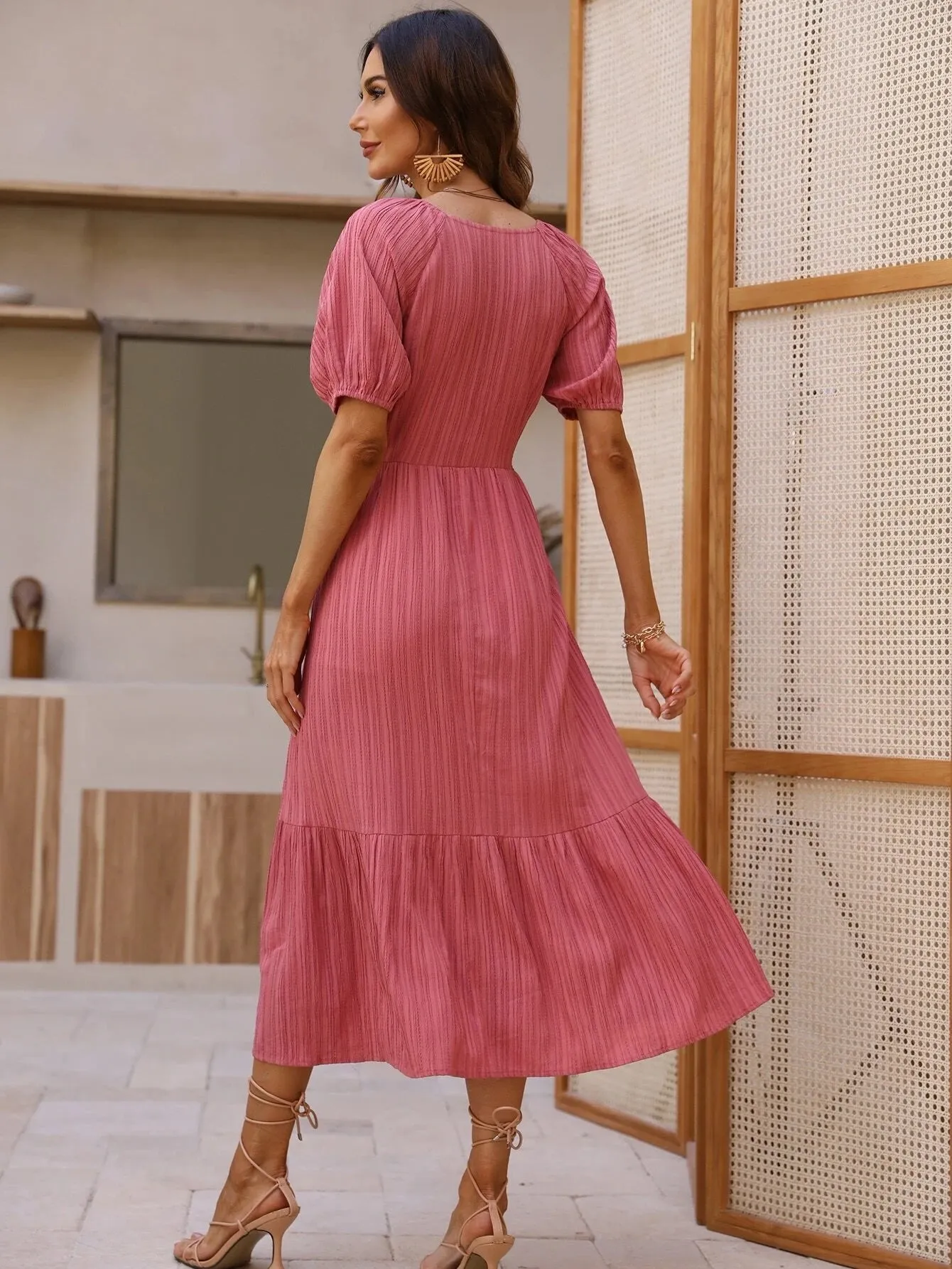 CM-DS230631 Women Casual Seoul Style Button Front Puff Sleeve A-Line Dress - Watermelon Pink