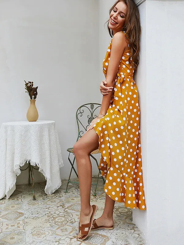 CM-DS301263 Women Casua Seoul Syle Polka Dot Ruffle Hem Knot Side Wrap Dress - Yellow