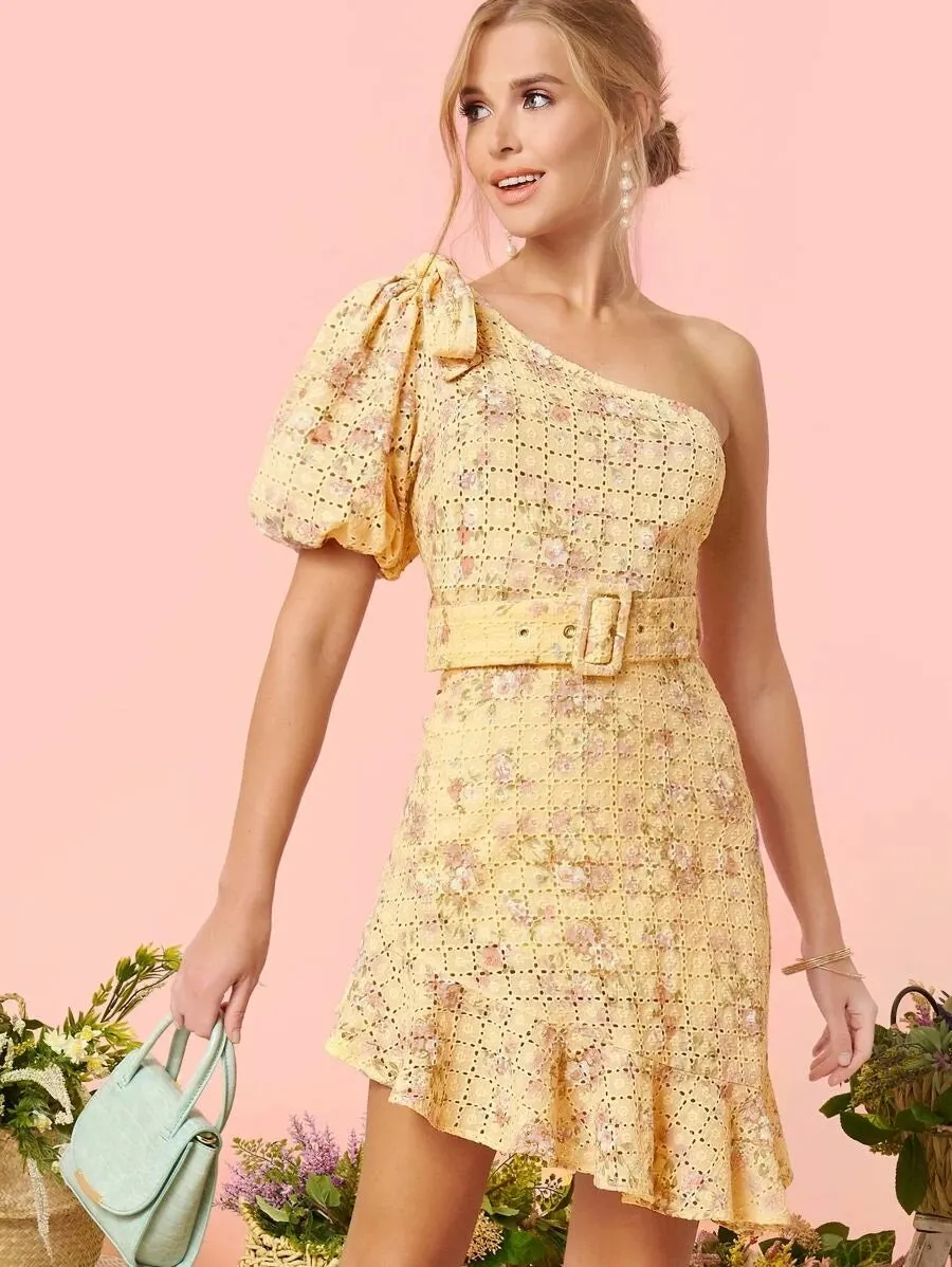 CM-DS302929 Women Trendy Bohemian Style One Shoulder Asymmetrical Ruffle Hem Belted Schiffy Dress