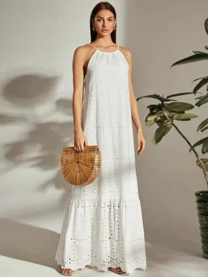 CM-DS323429 Women Casual Seoul Style Tie Back Halterneck Ruffle Hem Schiffy Dress - White