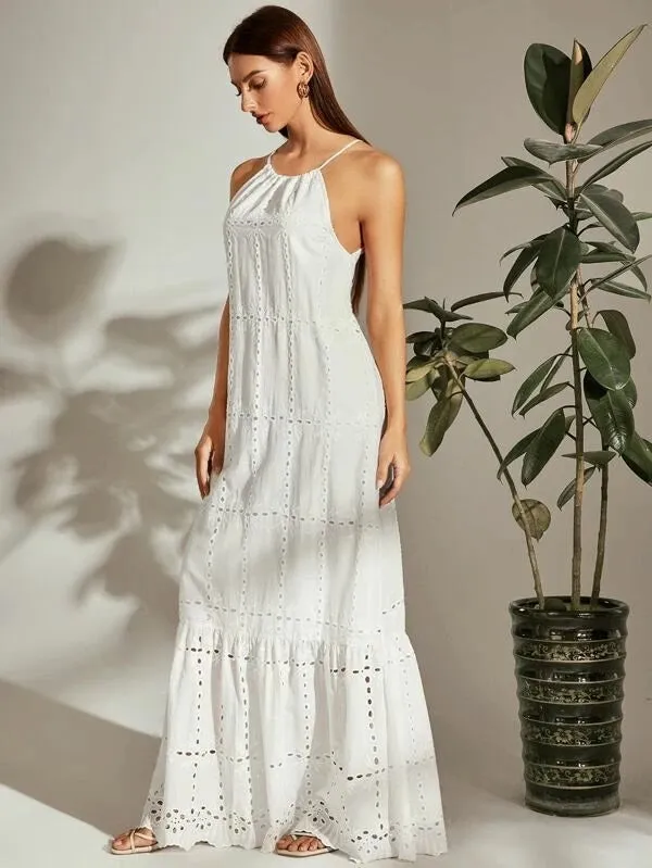 CM-DS323429 Women Casual Seoul Style Tie Back Halterneck Ruffle Hem Schiffy Dress - White