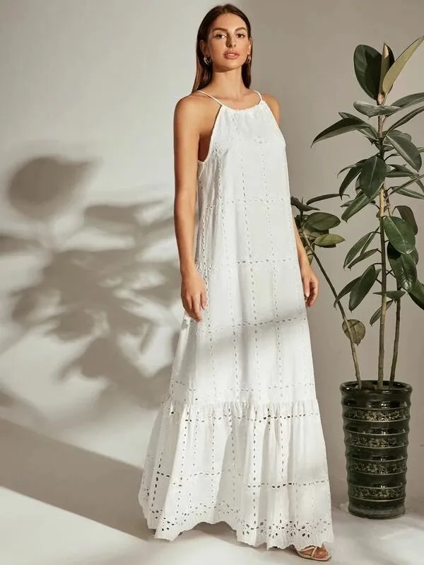 CM-DS323429 Women Casual Seoul Style Tie Back Halterneck Ruffle Hem Schiffy Dress - White