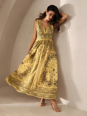 CM-DS360760 Women Trendy Bohemian Style Paisley Print Sleeveless Deep V-Neck Cinched Waist Maxi Dress