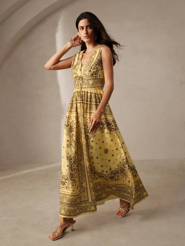 CM-DS360760 Women Trendy Bohemian Style Paisley Print Sleeveless Deep V-Neck Cinched Waist Maxi Dress