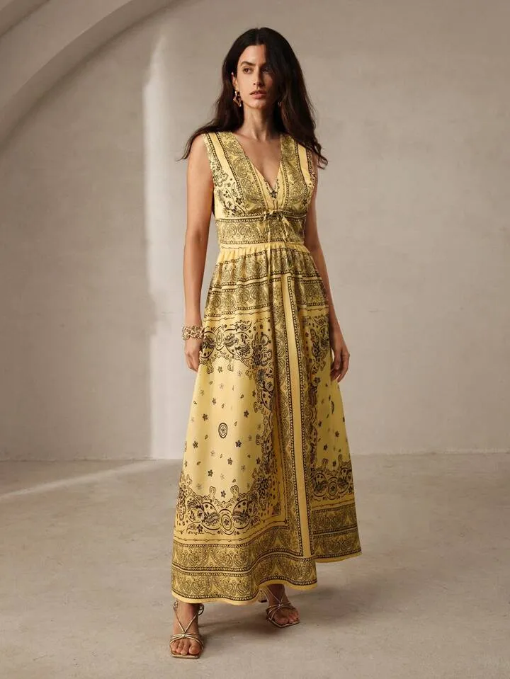 CM-DS360760 Women Trendy Bohemian Style Paisley Print Sleeveless Deep V-Neck Cinched Waist Maxi Dress