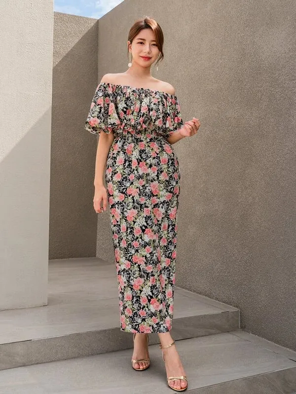 CM-DS424941 Women Trendy Bohemian Style Floral Print Off Shoulder Ruffle Trim Split Back Dress