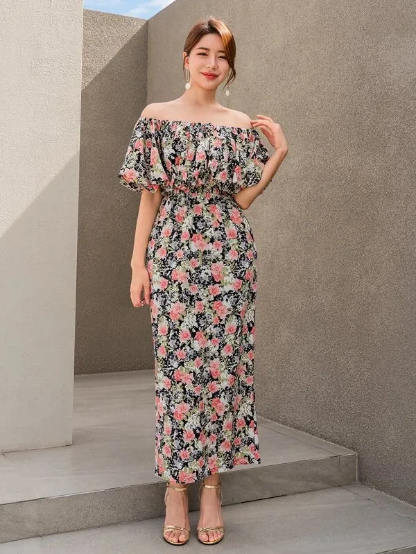 CM-DS424941 Women Trendy Bohemian Style Floral Print Off Shoulder Ruffle Trim Split Back Dress
