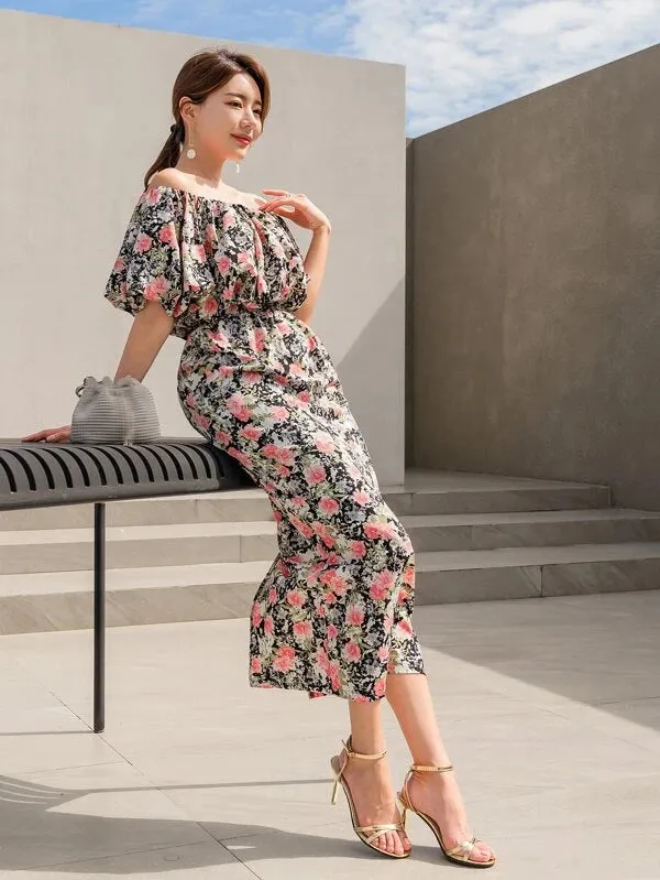 CM-DS424941 Women Trendy Bohemian Style Floral Print Off Shoulder Ruffle Trim Split Back Dress