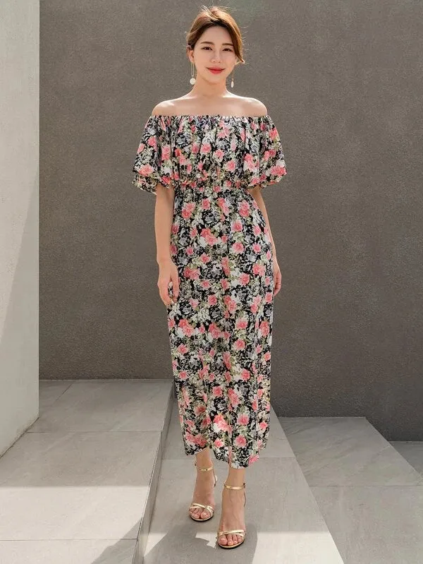 CM-DS424941 Women Trendy Bohemian Style Floral Print Off Shoulder Ruffle Trim Split Back Dress